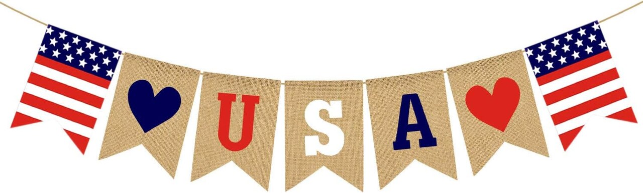 Jute Burlap USA Banner – 4th of July Independence Day Rustic American Mantel Fireplace Garland Decoration for Patriotic Home Decor